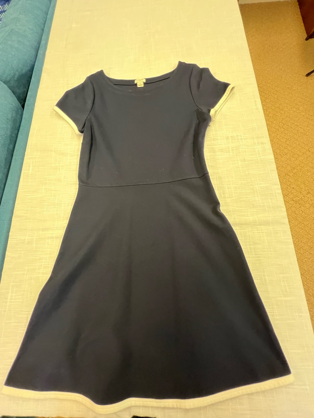 J Crew Cotton Short-Sleeve Navy Dress with White Trim